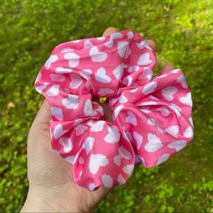 Oversized Silk Pink w/ White Hearts Scrunchie